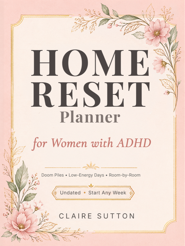 Home Reset Planner for Women with ADHD — ADHD workbook cover by Claire Sutton