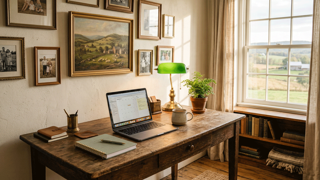 Warm home office with planner, books, and soft natural light